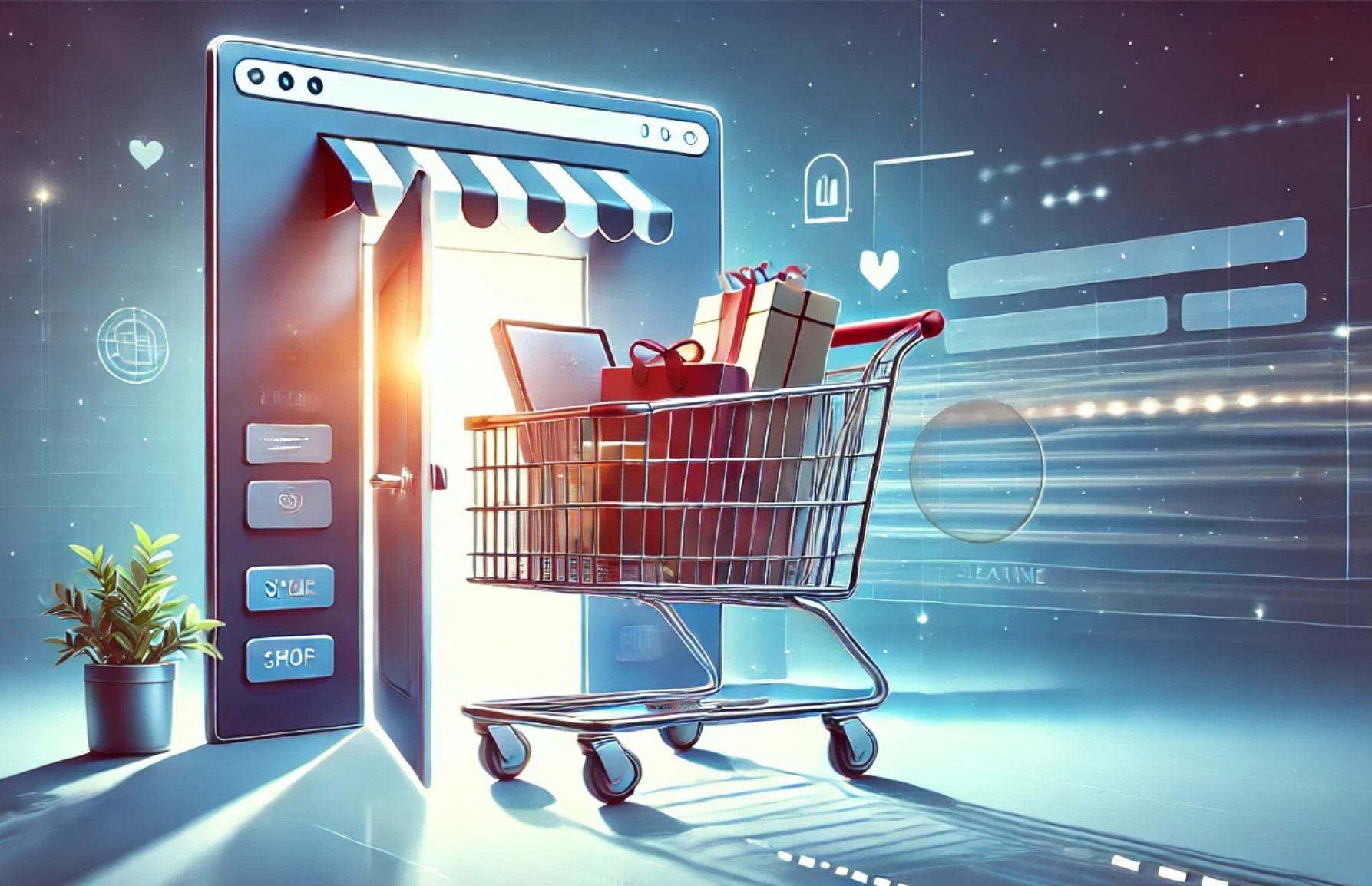 Digital shopping cart with gifts emerging from an online store interface