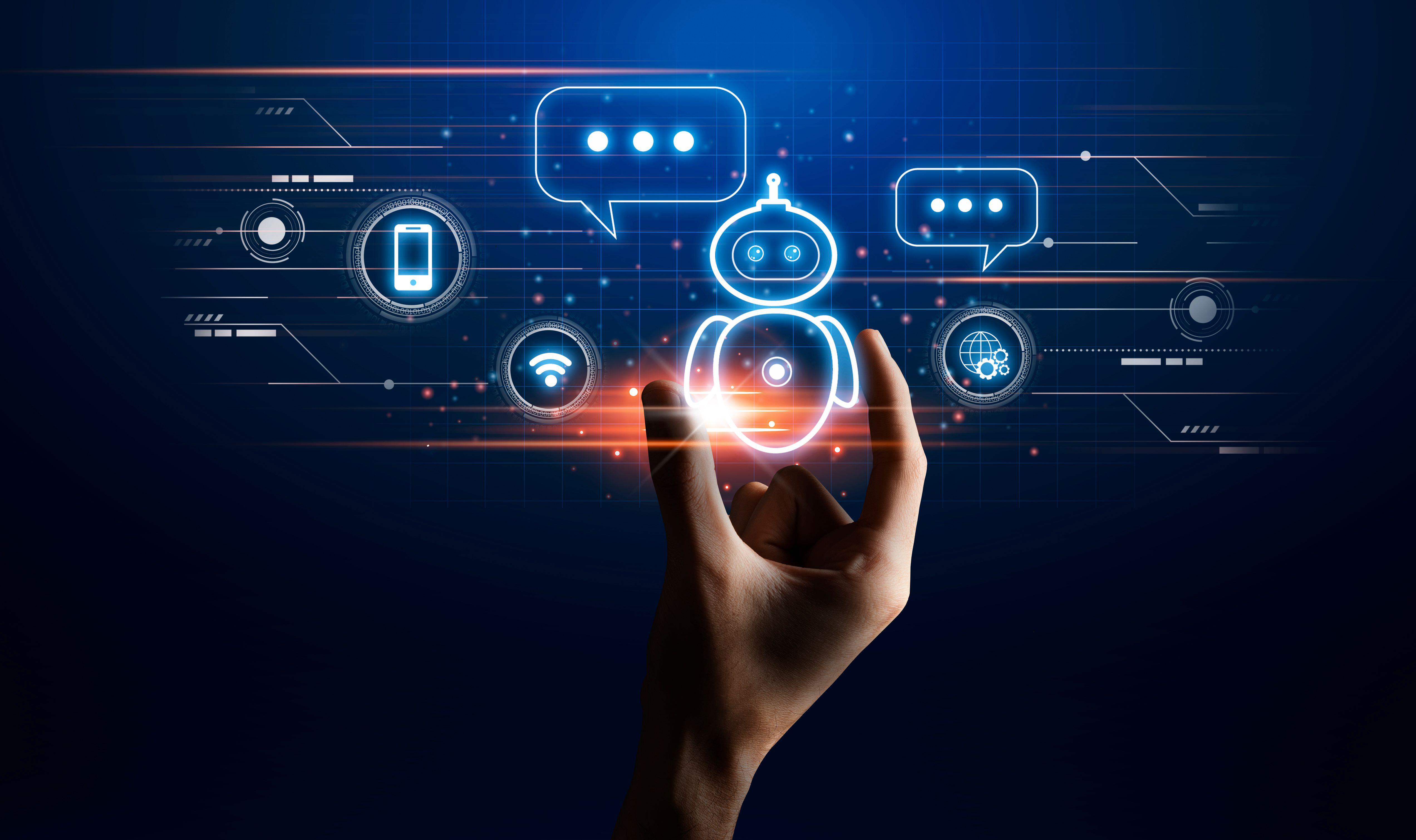 AI chatbot assistant interface with communication icons and futuristic design