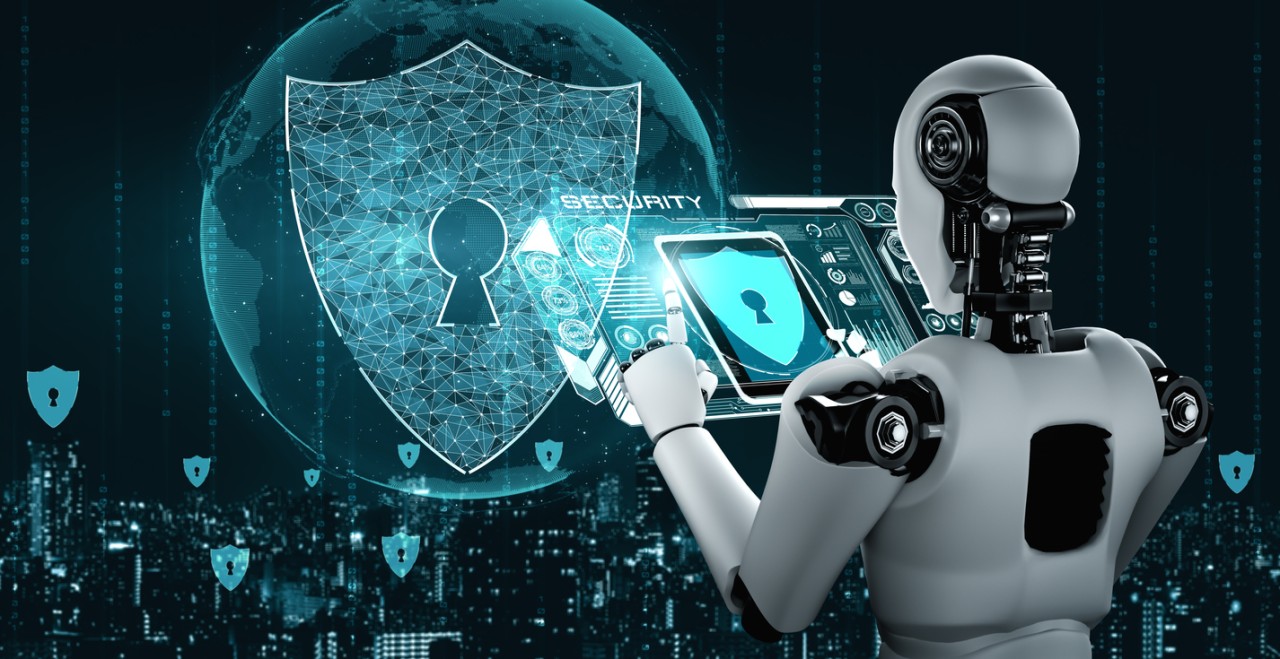AI robot securing data with advanced cybersecurity interface