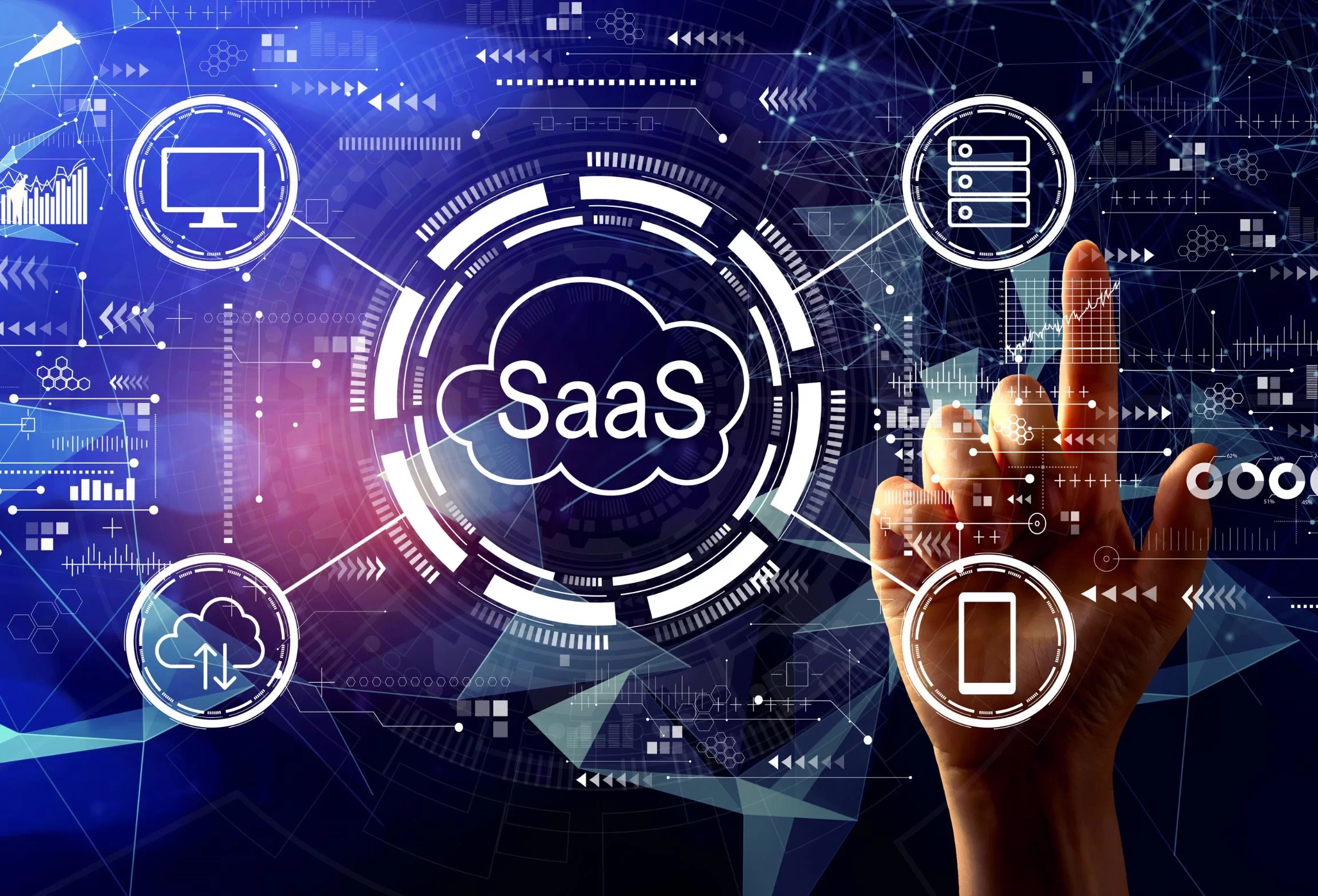 SaaS technology concept with digital interface and cloud computing icons