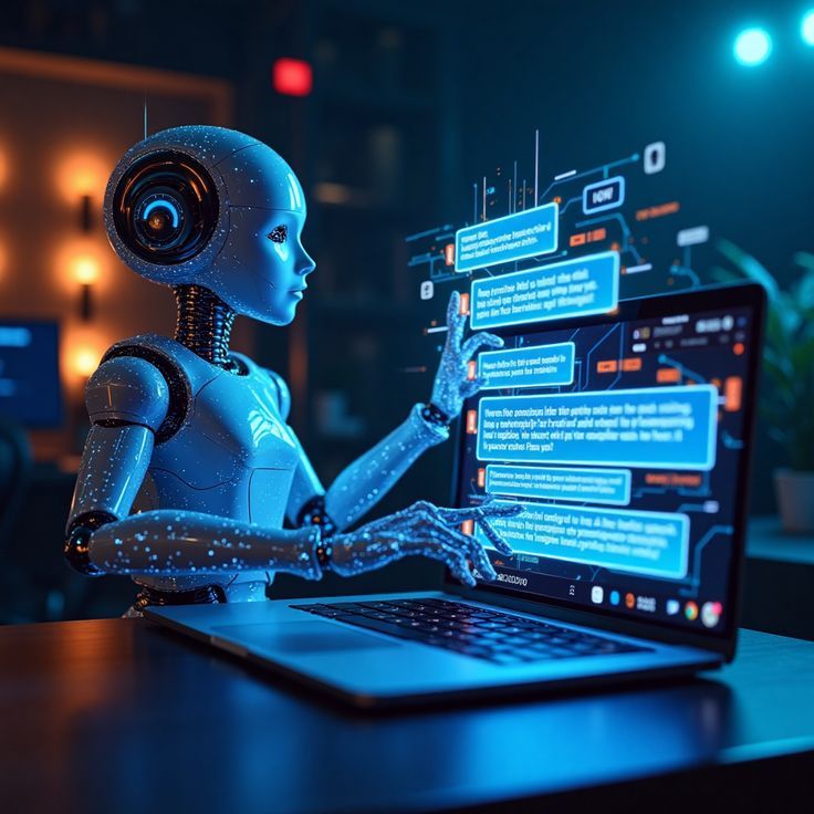 Futuristic AI robot interacting with a laptop, displaying holographic chat messages in a high-tech environment.