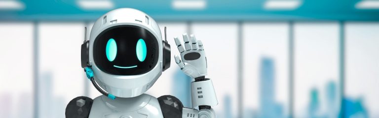Friendly AI chatbot waving in a modern office