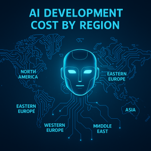World map infographic showing AI development cost distribution by region
