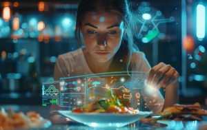 Woman using AI interface to analyze and personalize her meal