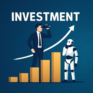 Businessman and AI robot analyzing investment growth in technology