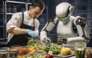 Robot analyzing fresh vegetables representing ethical AI in food industry
