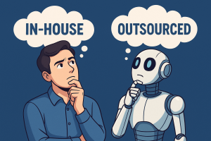 Human and robot comparing in-house and outsourced AI development models