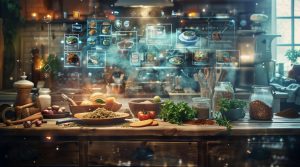 AI robot cooking with futuristic recipe hologram