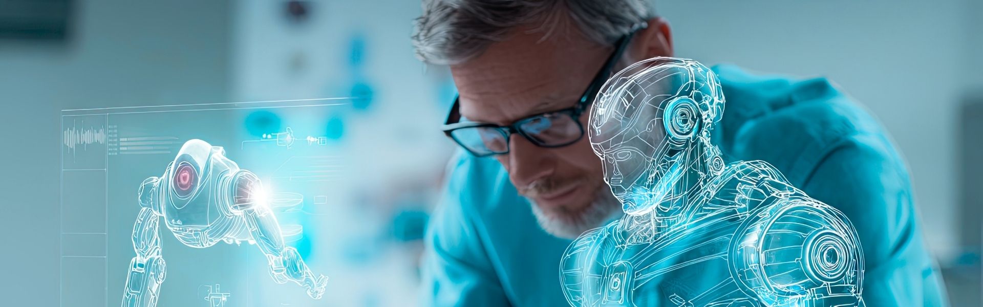 Engineer analyzing holographic AI robot prototype for chatbot development