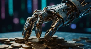 Robotic hand collecting coins showing AI’s role in financial growth