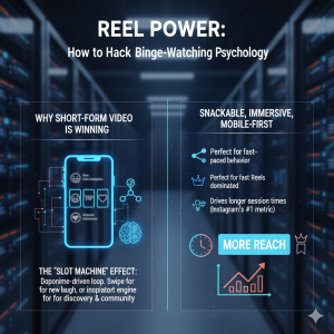 Infographic showing why short-form video wins on Instagram, highlighting dopamine loops, mobile-first behavior, and how Reels increase reach.