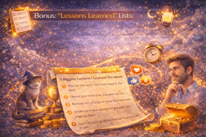 Creative illustration featuring a lessons learned scroll, productivity symbols, analytics icons, and thought leadership visuals for LinkedIn content strategy.