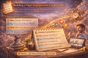 Illustration showing a weekly LinkedIn content plan balancing reach and trust with founder posts, data visuals, case studies, screenshot carousels, and lessons learned.