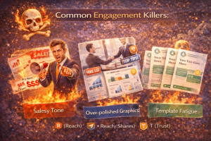 Creative illustration highlighting common engagement killers on LinkedIn including salesy tone, over-polished graphics, and template fatigue with dramatic visual effects.