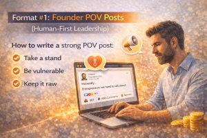 Founder writing a LinkedIn POV post on a laptop highlighting human-first leadership, vulnerability, and authentic storytelling for B2B engagement.