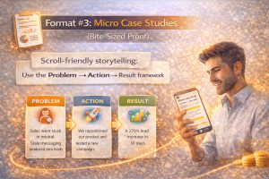 Illustration of a micro case study framework showing problem, action, and result stages displayed on digital cards for LinkedIn storytelling.