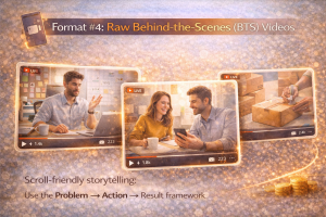 Behind-the-scenes video content illustration showing creators livestreaming, collaborating, and packaging products to showcase authentic brand storytelling on LinkedIn.