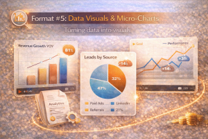 Illustration showing revenue growth charts, pie charts, and performance graphs demonstrating how data visuals improve LinkedIn content engagement and clarity.