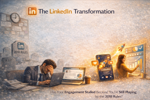 Split visual showing outdated LinkedIn strategies on one side and modern engagement-driven content growth on the other.