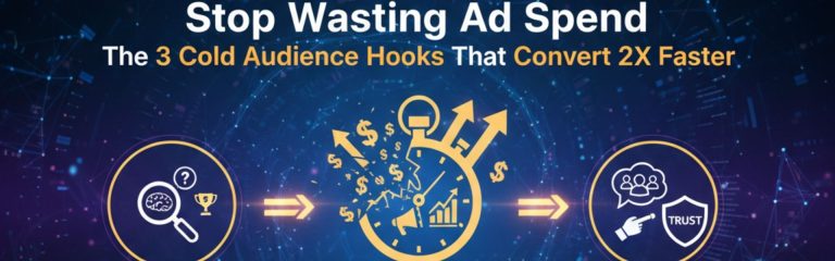 Digital marketing infographic showing how three cold audience hooks improve ad conversion speed, featuring growth arrows, trust icons, and ROI symbols.