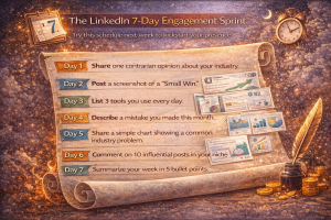 Illustration showing a 7-day LinkedIn engagement sprint plan with daily posting ideas, scroll design, analytics visuals, and productivity icons.