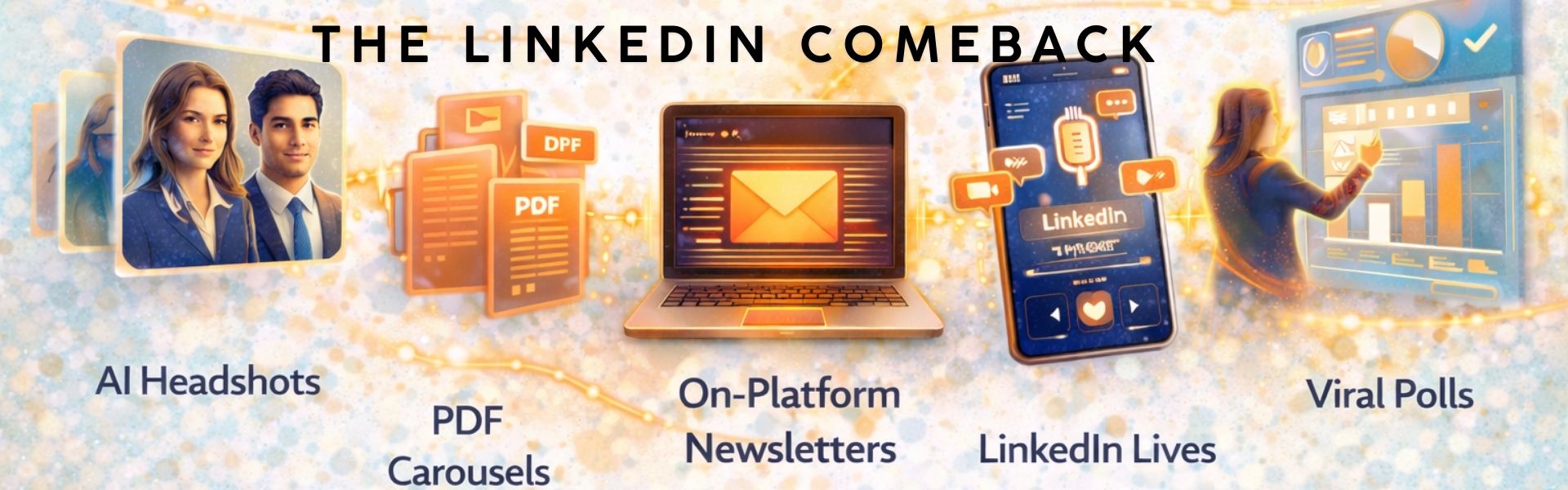 Hero banner showing multiple LinkedIn content formats like carousels, live video, newsletters, and analytics illustrating platform resurgence and engagement growth.