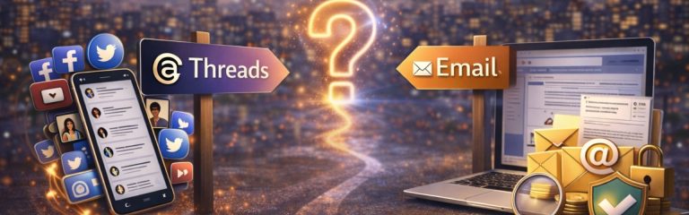 Realistic digital illustration showing a city skyline with signposts pointing to Threads and Email, symbolizing a business decision between social media engagement and email marketing strategy.