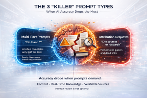 An infographic listing three specific categories: Multi-Part Prompts, Niche/Real-Time Topics, and Attribution Requests, each with an icon and explanation of the failure mode.