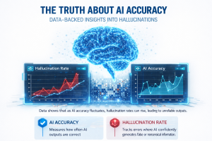 Digital illustration of AI brain with charts showing accuracy versus hallucination rate