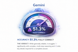 Gemini AI accuracy gauge showing 51.3 percent fully correct responses