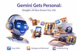 Illustration showing Google Gemini AI personalizing user experiences using photos, smartphone data, and personal content on a white background