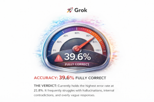 Grok AI accuracy gauge showing 39.6 percent fully correct responses