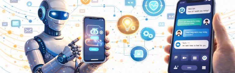 AI-powered chatbot integration in mobile app interface with conversational UI and automation icons
