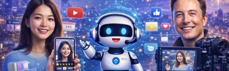 AI video generation model creating realistic human videos with social media icons and camera setup in futuristic city background