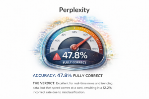 Perplexity AI accuracy gauge showing 47.8 percent fully correct responses