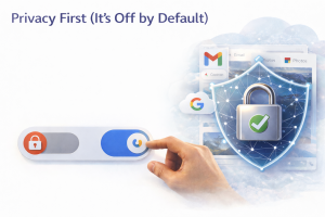 Hand toggling privacy switch with digital lock and Google app icons in background