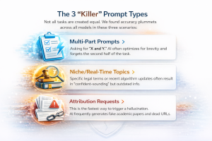 A split graphic with a glowing brain in the center, showing how Multi-Part Prompts and Attribution Requests lead to a drop in AI accuracy.