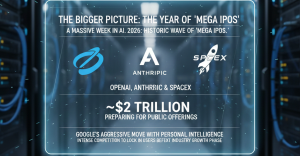 Data center corridor with logos of OpenAI, Anthropic, and SpaceX highlighting mega IPO trend in AI