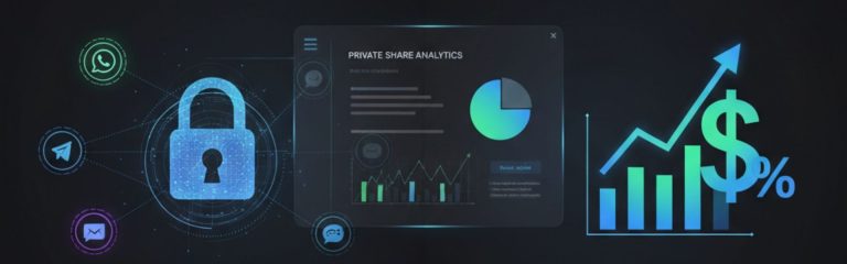Digital illustration showing private share analytics dashboard with lock icon, messaging apps, and revenue growth chart