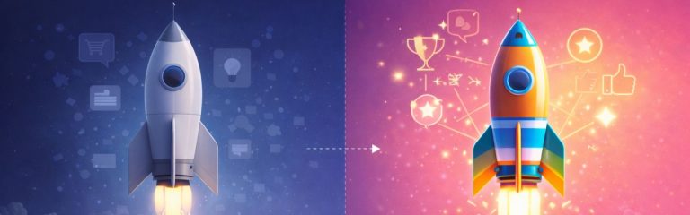 A cinematic wide-format banner split into two halves showing the evolution of a rocket launch