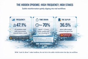 Infographic showing frequency of AI inaccuracies, time spent fact-checking, and published hallucinations