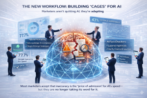 An illustration of a glowing blue digital dome or "cage" containing AI data, with marketing professionals monitoring it from the outside via tablets.