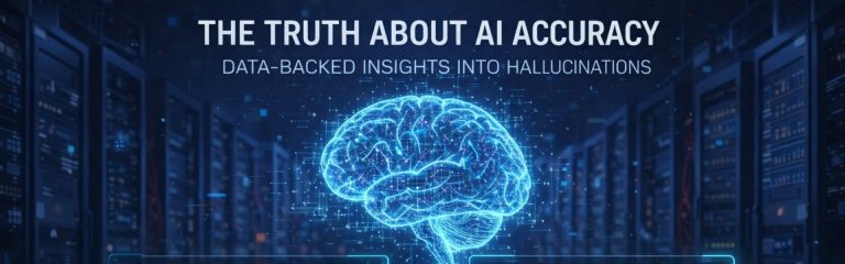 Digital AI brain floating inside a data center with analytics dashboards showing accuracy and hallucination trends