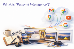 Google apps connected to laptop and smartphone illustrating personalized AI intelligence