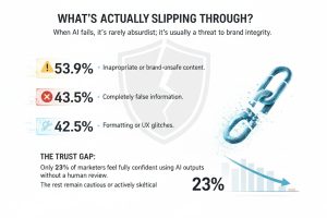 Infographic showing types of AI errors including unsafe content, false information, and UX glitches