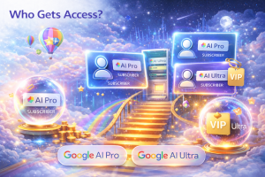 Illustration showing Google AI Pro and AI Ultra subscriber access levels in a futuristic digital city