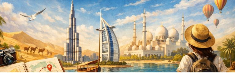 UAE travel itinerary concept featuring Burj Khalifa, Burj Al Arab, Sheikh Zayed Grand Mosque and desert safari elements