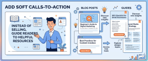 Illustration showing how to guide readers to blogs, guides, and resources instead of direct selling
