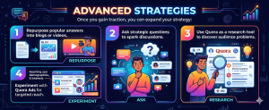 Infographic showing advanced Quora tactics like repurposing content, asking strategic questions, using Quora for research, and running ads