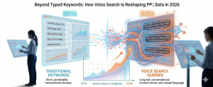 comparison of 2016 keyword search vs 2026 voice search queries showing increase in conversational and contextual search complexity